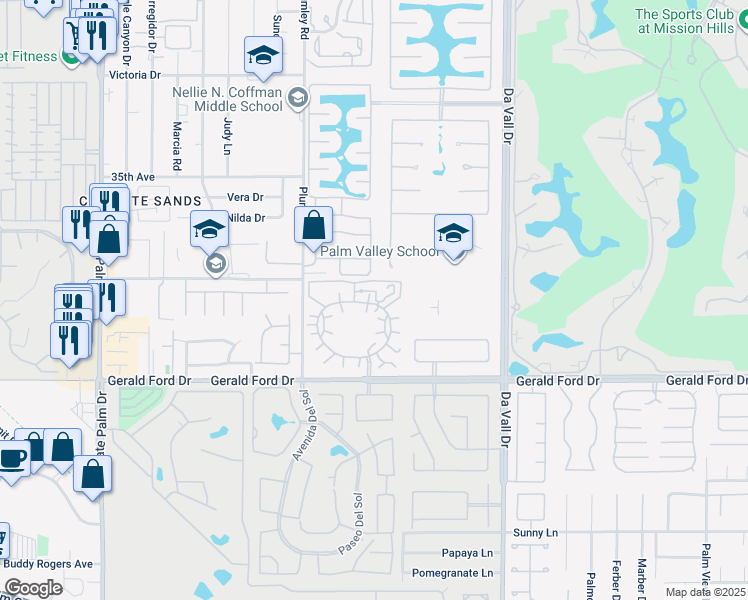 map of restaurants, bars, coffee shops, grocery stores, and more near 35526 Feliz Court in Rancho Mirage