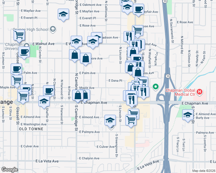 map of restaurants, bars, coffee shops, grocery stores, and more near 257 North California Street in Orange