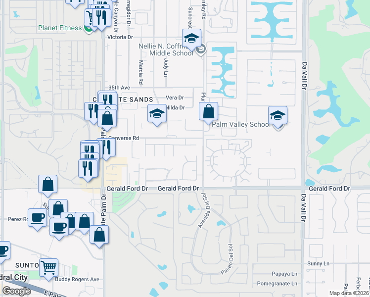 map of restaurants, bars, coffee shops, grocery stores, and more near 69458 Serenity Road in Cathedral City