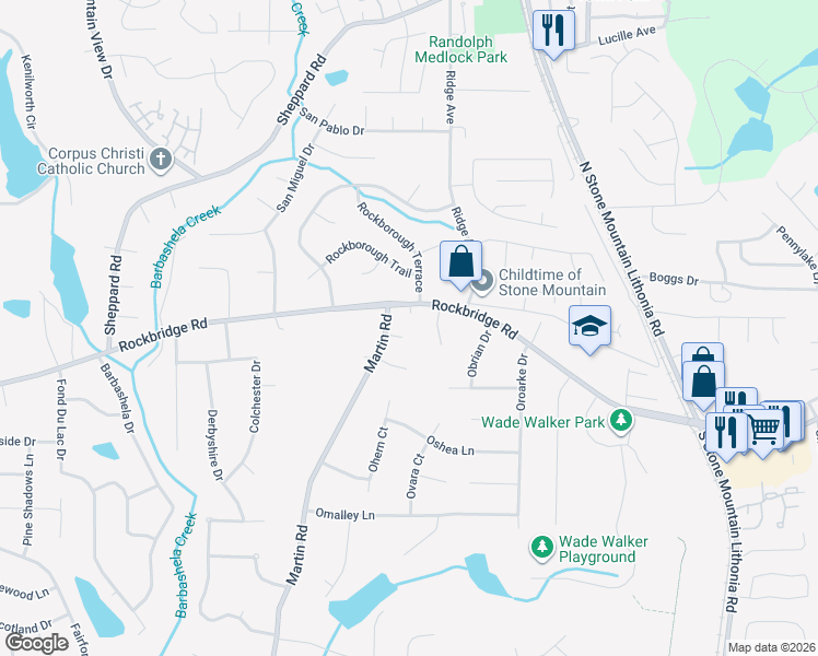map of restaurants, bars, coffee shops, grocery stores, and more near 5393 Rockbridge Road Southwest in Stone Mountain