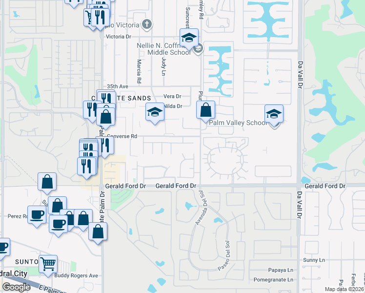 map of restaurants, bars, coffee shops, grocery stores, and more near 69445 Serenity Road in Cathedral City