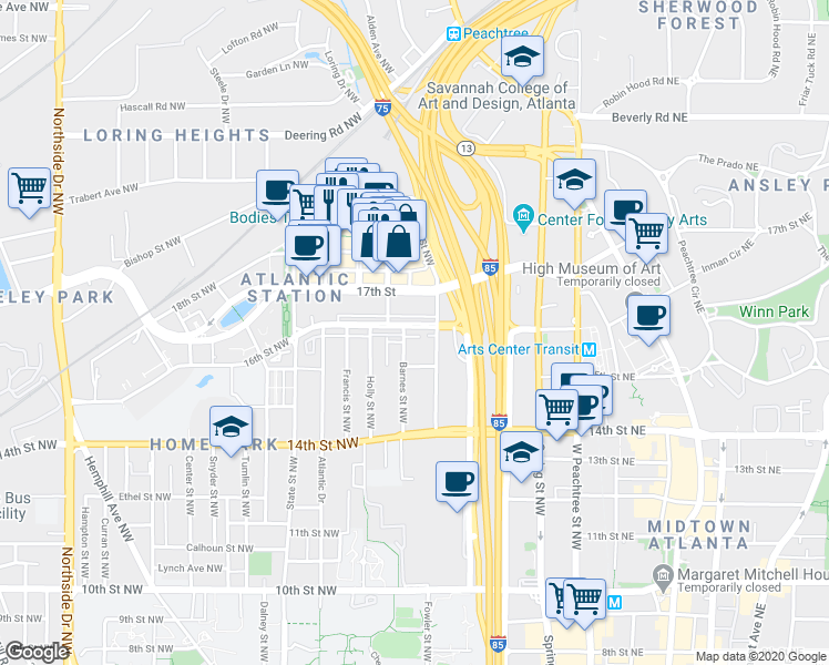 map of restaurants, bars, coffee shops, grocery stores, and more near 214 16th Street Northwest in Atlanta