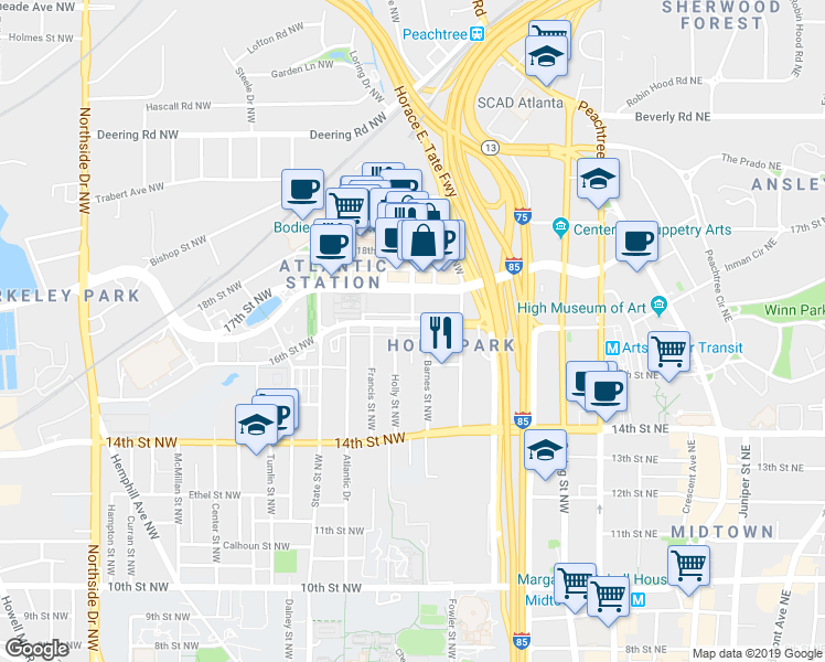 map of restaurants, bars, coffee shops, grocery stores, and more near 242 16th Street Northwest in Atlanta