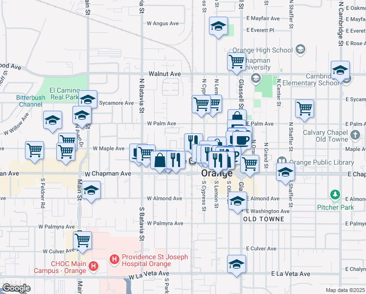 map of restaurants, bars, coffee shops, grocery stores, and more near 561 West Maple Avenue in Orange
