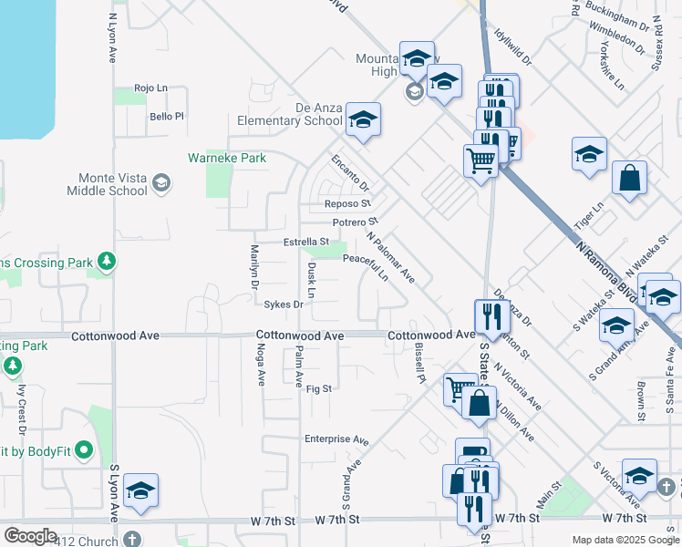 map of restaurants, bars, coffee shops, grocery stores, and more near 1037 Shady Court in San Jacinto