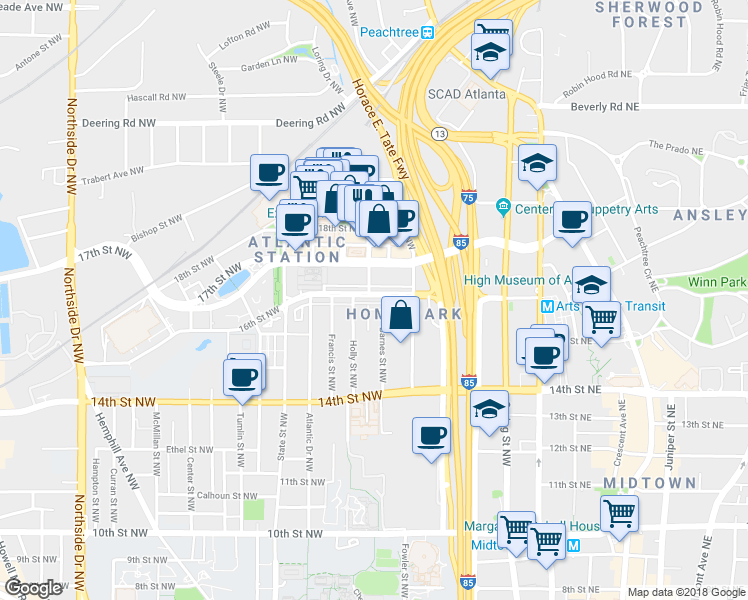 map of restaurants, bars, coffee shops, grocery stores, and more near 234 16th Street Northwest in Atlanta
