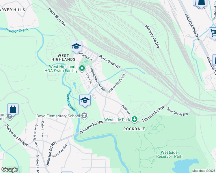 map of restaurants, bars, coffee shops, grocery stores, and more near 1651 Abbot Lane in Atlanta