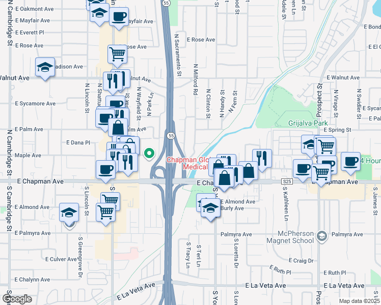 map of restaurants, bars, coffee shops, grocery stores, and more near 234 North Milford Road in Orange