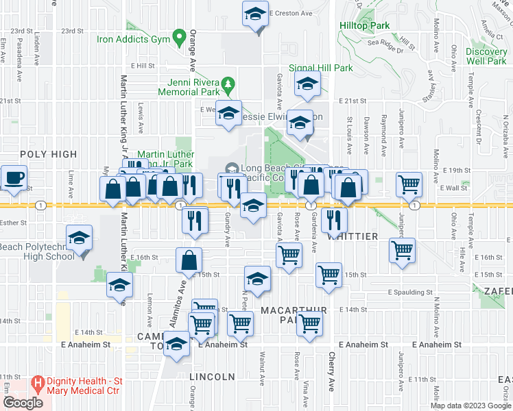 map of restaurants, bars, coffee shops, grocery stores, and more near 1544 California 1 in Long Beach