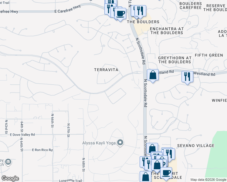 map of restaurants, bars, coffee shops, grocery stores, and more near 6998 East Soaring Eagle Way in Scottsdale