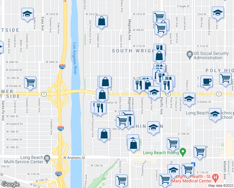 map of restaurants, bars, coffee shops, grocery stores, and more near 630 California 1 in Long Beach