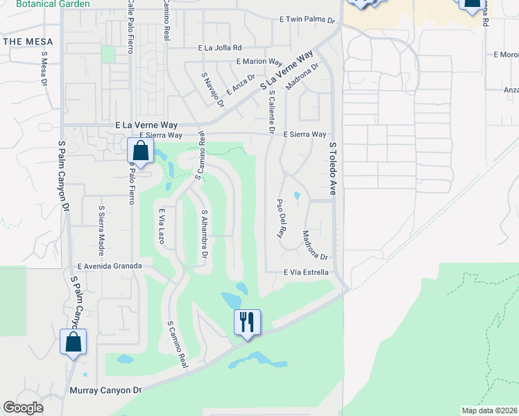 map of restaurants, bars, coffee shops, grocery stores, and more near 2331 South Caliente Drive in Palm Springs