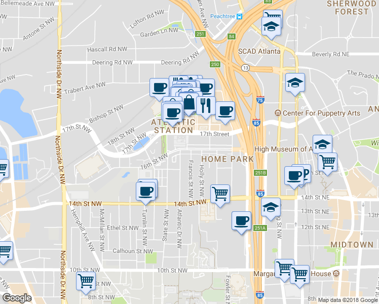 map of restaurants, bars, coffee shops, grocery stores, and more near 282 16th Street Northwest in Atlanta