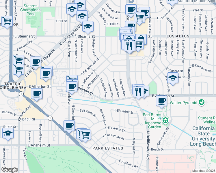 map of restaurants, bars, coffee shops, grocery stores, and more near 1881 Tulane Avenue in Long Beach