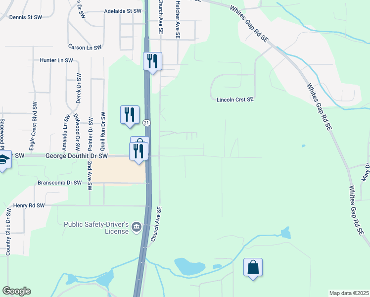 map of restaurants, bars, coffee shops, grocery stores, and more near 1595 Church Avenue Southeast in Jacksonville