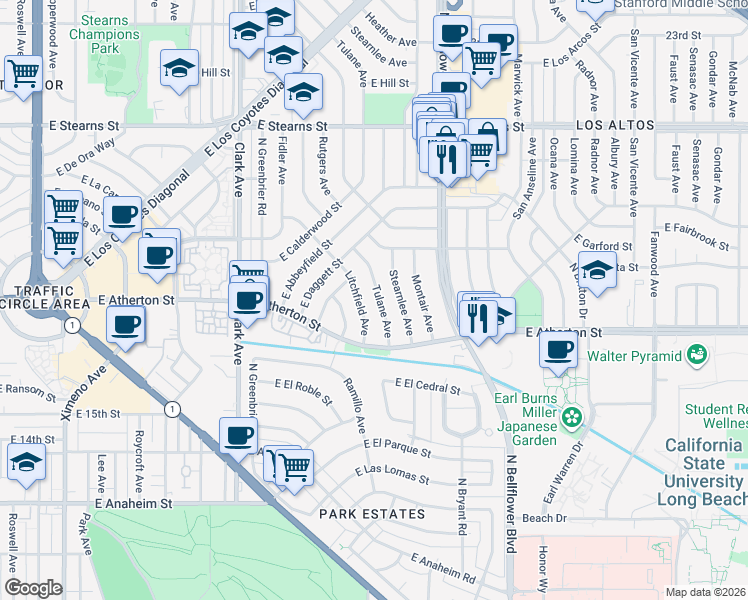 map of restaurants, bars, coffee shops, grocery stores, and more near 1881 Tulane Avenue in Long Beach