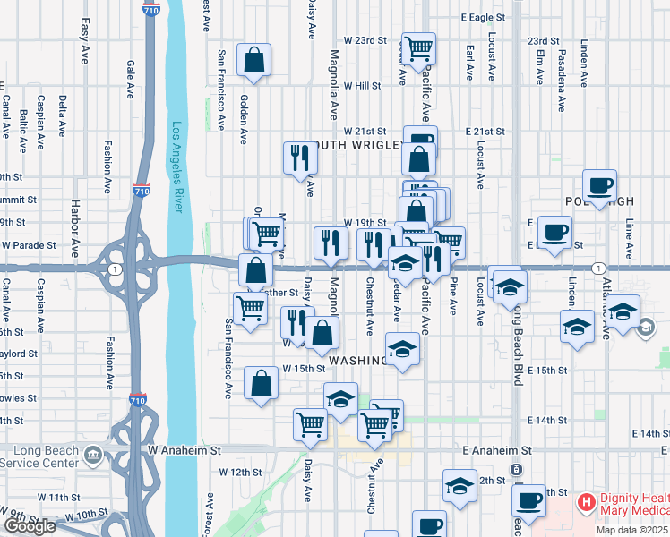 map of restaurants, bars, coffee shops, grocery stores, and more near W Pacific Coast Hwy & Magnolia Ave in Long Beach