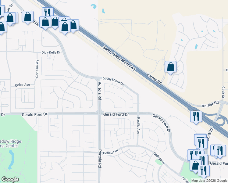 map of restaurants, bars, coffee shops, grocery stores, and more near 74357 Millennia Way in Palm Desert