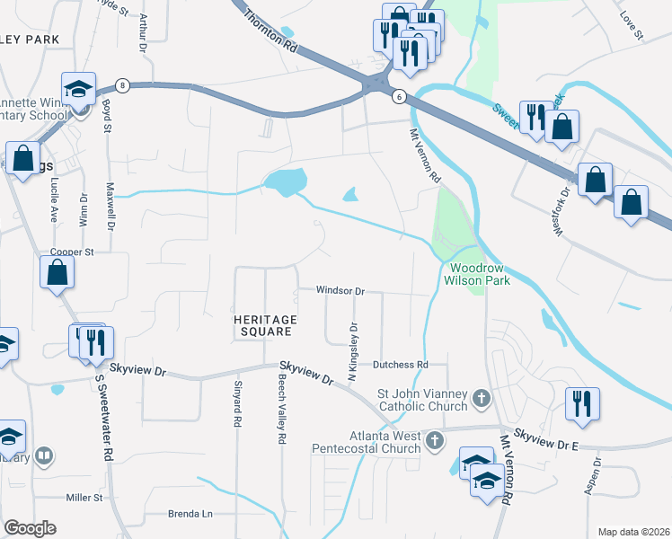 map of restaurants, bars, coffee shops, grocery stores, and more near 542 Lexington Court in Lithia Springs