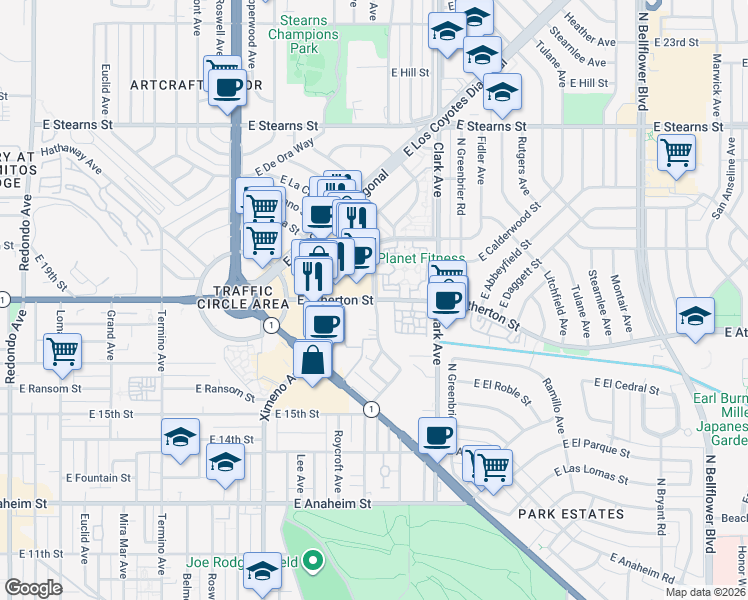 map of restaurants, bars, coffee shops, grocery stores, and more near 975 Park Avenue in Long Beach