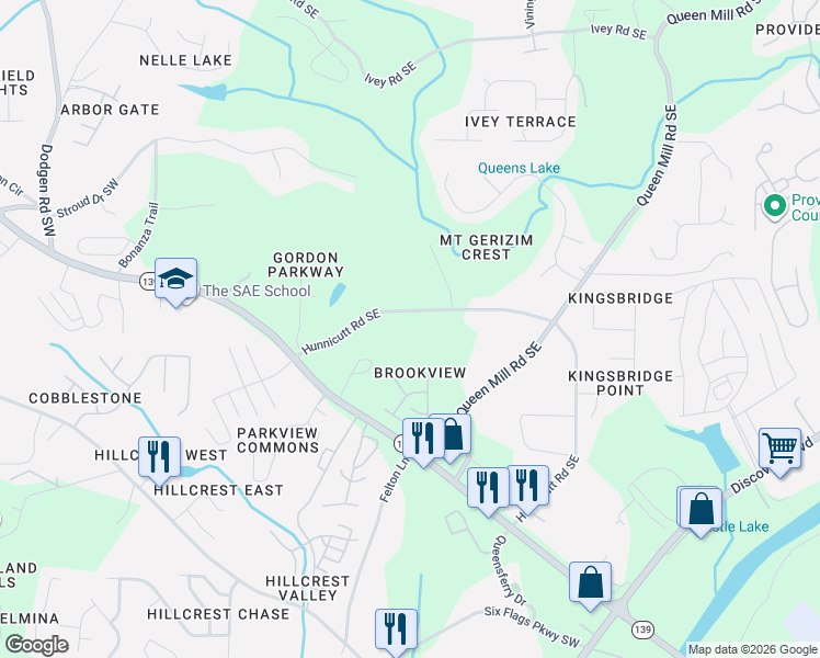 map of restaurants, bars, coffee shops, grocery stores, and more near 366 Hunnicut Road Southeast in Mableton