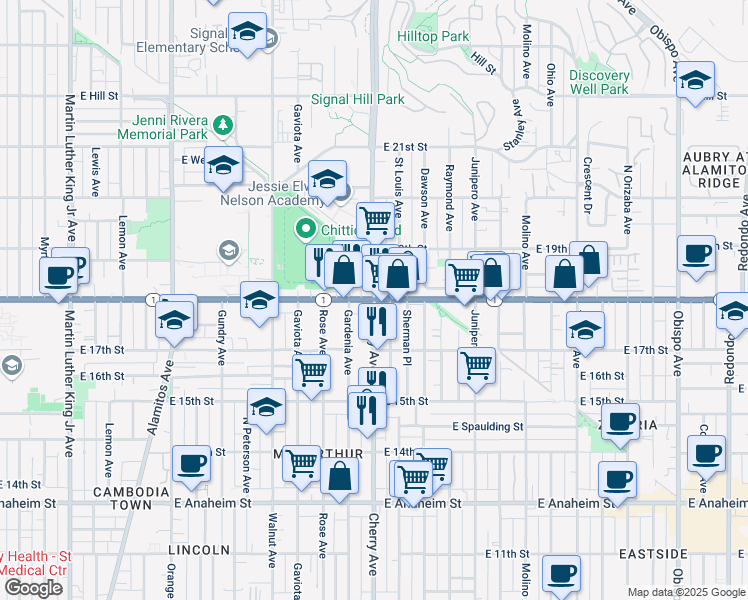 map of restaurants, bars, coffee shops, grocery stores, and more near Pacific Coast Hwy & Cherry Ave in Long Beach