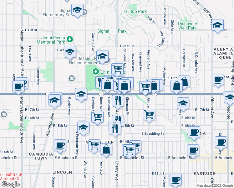 map of restaurants, bars, coffee shops, grocery stores, and more near California 1 & Cherry Avenue in Long Beach