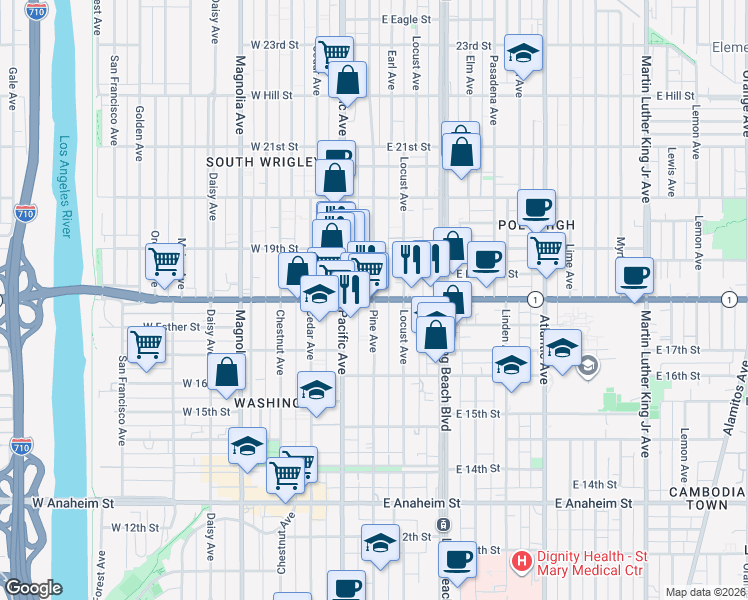 map of restaurants, bars, coffee shops, grocery stores, and more near Pacific Coast Hwy & Pine Ave in Long Beach