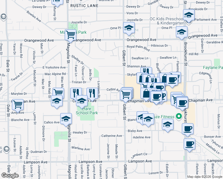 map of restaurants, bars, coffee shops, grocery stores, and more near 9361 Cellini Avenue in Garden Grove