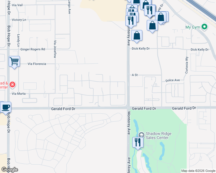 map of restaurants, bars, coffee shops, grocery stores, and more near 19 Orleans Road in Rancho Mirage