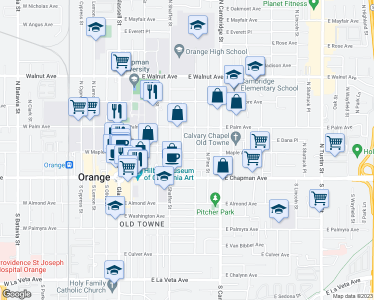 map of restaurants, bars, coffee shops, grocery stores, and more near 613 East Maple Avenue in Orange
