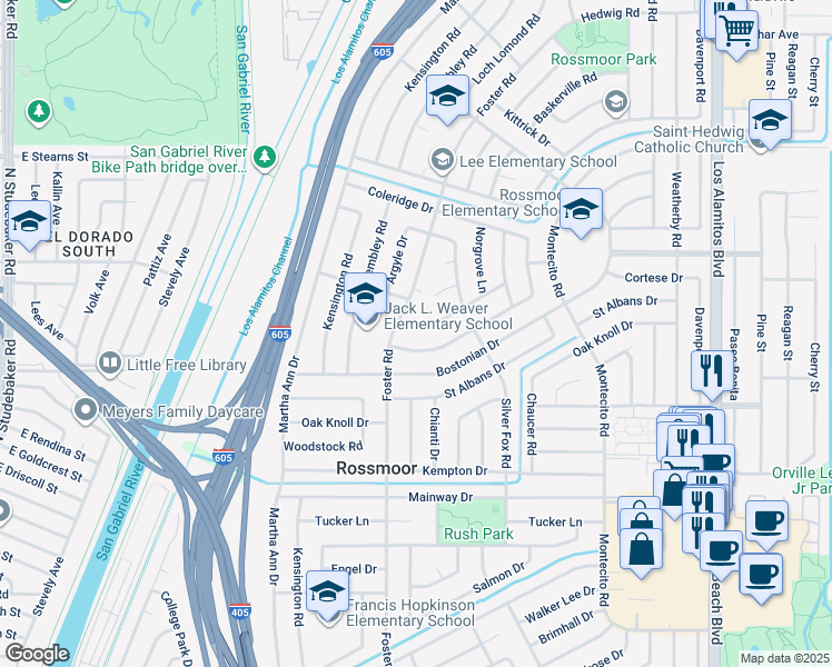 map of restaurants, bars, coffee shops, grocery stores, and more near 2872 Aceca Drive in Los Alamitos