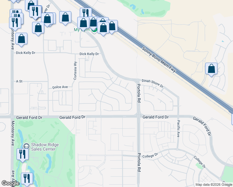 map of restaurants, bars, coffee shops, grocery stores, and more near 73831 Cezanne Drive in Palm Desert