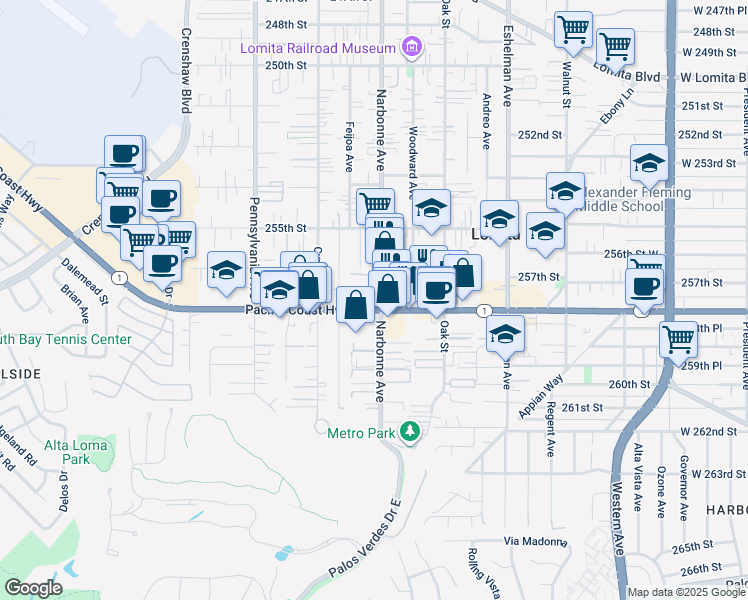 map of restaurants, bars, coffee shops, grocery stores, and more near 2201 Pacific Coast Highway in Lomita