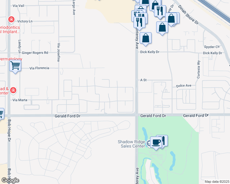 map of restaurants, bars, coffee shops, grocery stores, and more near 19 Orleans Road in Rancho Mirage