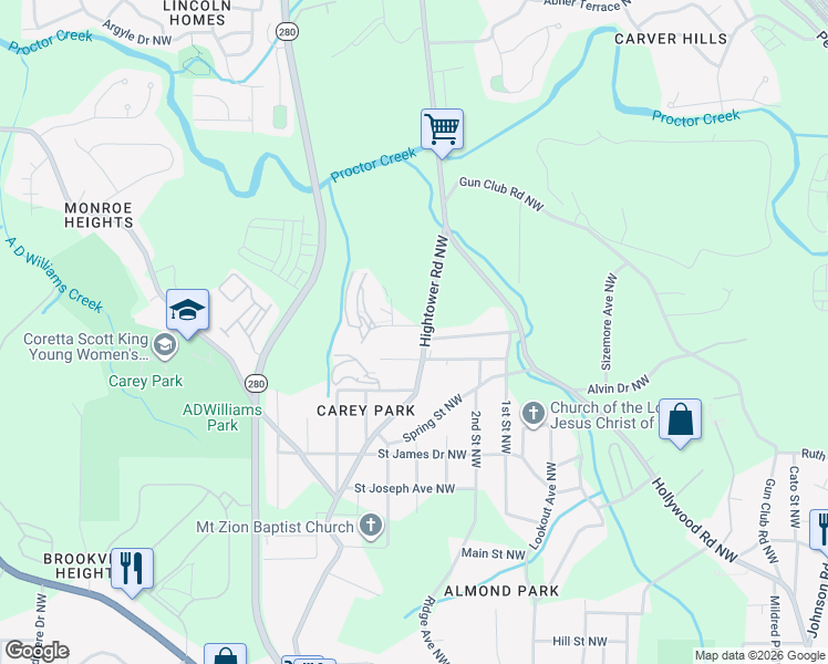 map of restaurants, bars, coffee shops, grocery stores, and more near 2531 Center Street Northwest in Atlanta