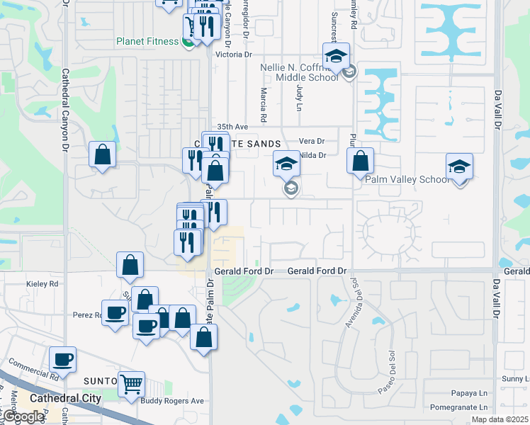 map of restaurants, bars, coffee shops, grocery stores, and more near 35589 Felicity Place in Cathedral City