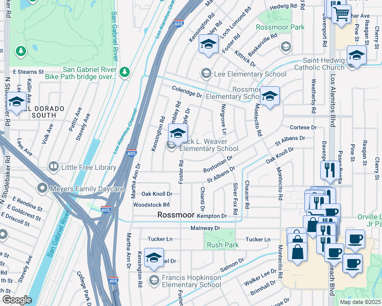 map of restaurants, bars, coffee shops, grocery stores, and more near 2872 Aceca Drive in Los Alamitos