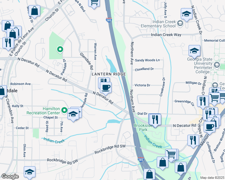 map of restaurants, bars, coffee shops, grocery stores, and more near 3626 Lantern Crest Cove in Scottdale