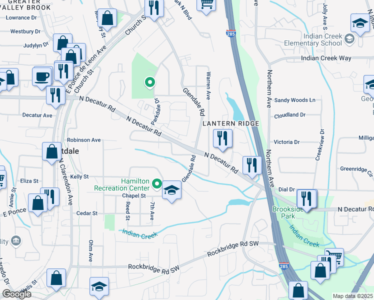map of restaurants, bars, coffee shops, grocery stores, and more near 3327 North Decatur Road in Scottdale