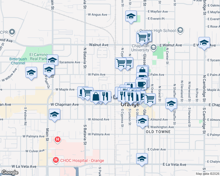 map of restaurants, bars, coffee shops, grocery stores, and more near 555 West Maple Avenue in Orange