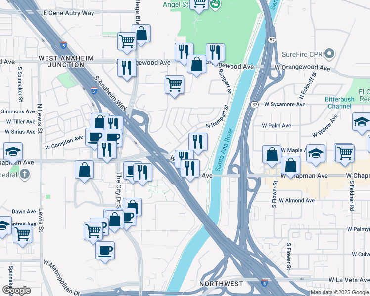 map of restaurants, bars, coffee shops, grocery stores, and more near 3099 West Chapman Avenue in Orange