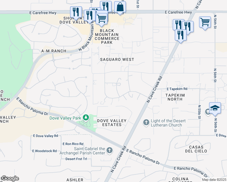 map of restaurants, bars, coffee shops, grocery stores, and more near 4925 East Laredo Lane in Cave Creek