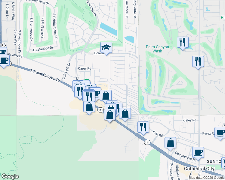 map of restaurants, bars, coffee shops, grocery stores, and more near 24 Club Circle Drive in Palm Springs