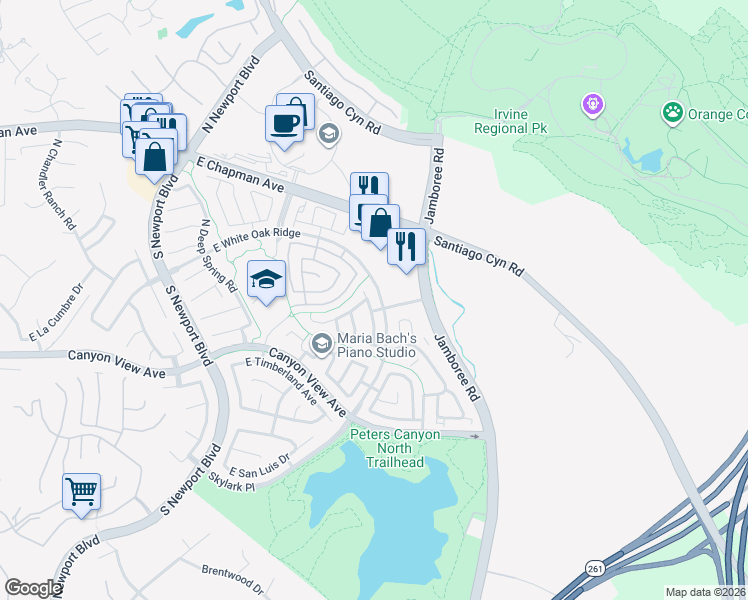 map of restaurants, bars, coffee shops, grocery stores, and more near 225 North Deerwood Street in Orange