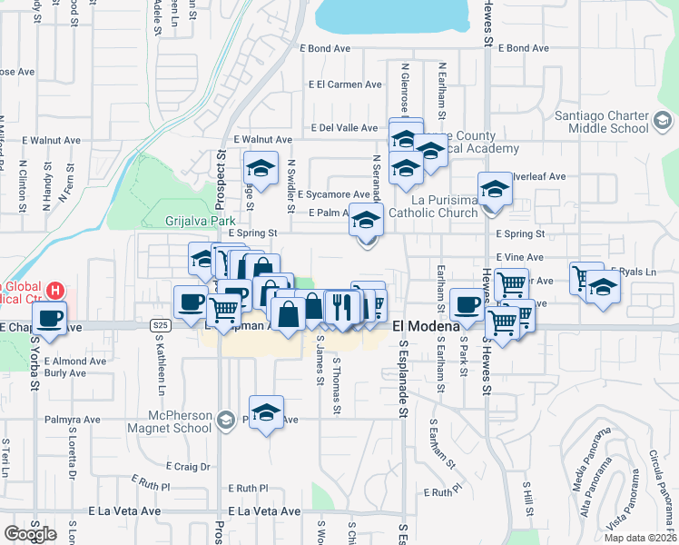 map of restaurants, bars, coffee shops, grocery stores, and more near 3920 E Spring St in Orange