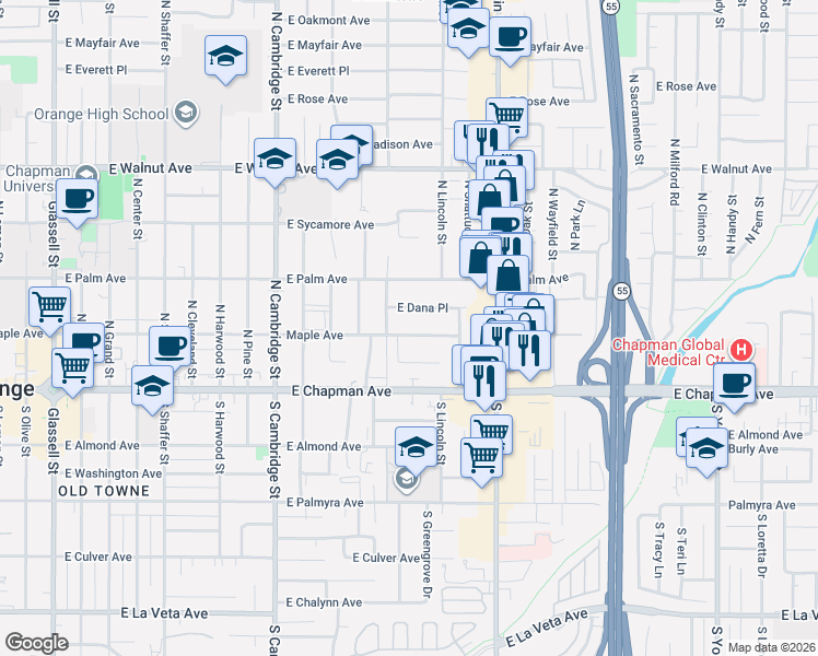 map of restaurants, bars, coffee shops, grocery stores, and more near 1413 East Dana Place in Orange