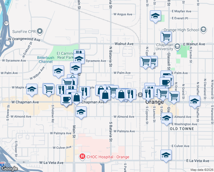 map of restaurants, bars, coffee shops, grocery stores, and more near 935 West Acacia Avenue in Orange