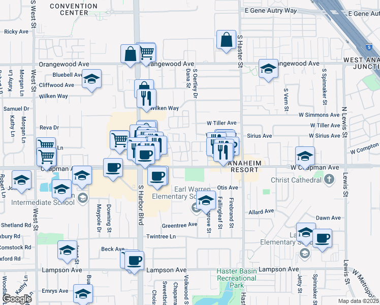 map of restaurants, bars, coffee shops, grocery stores, and more near 12752 Ascot Drive in Garden Grove