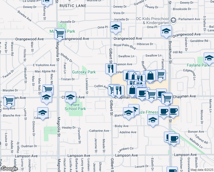 map of restaurants, bars, coffee shops, grocery stores, and more near 11851 Gilbert Street in Garden Grove